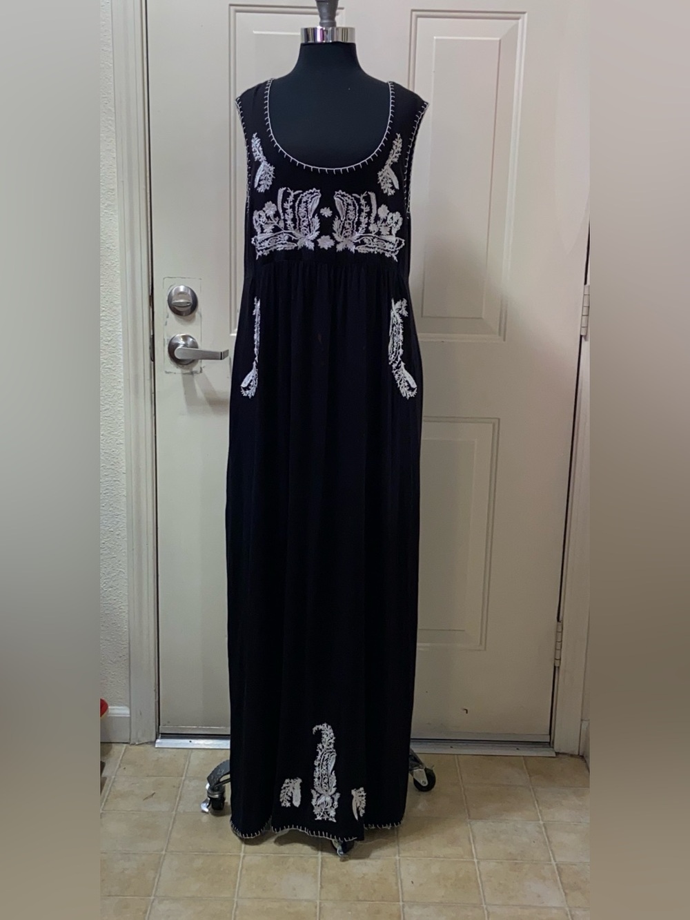 Chelsea & Theodore Black Maxi Dress with White Embroidered Detail